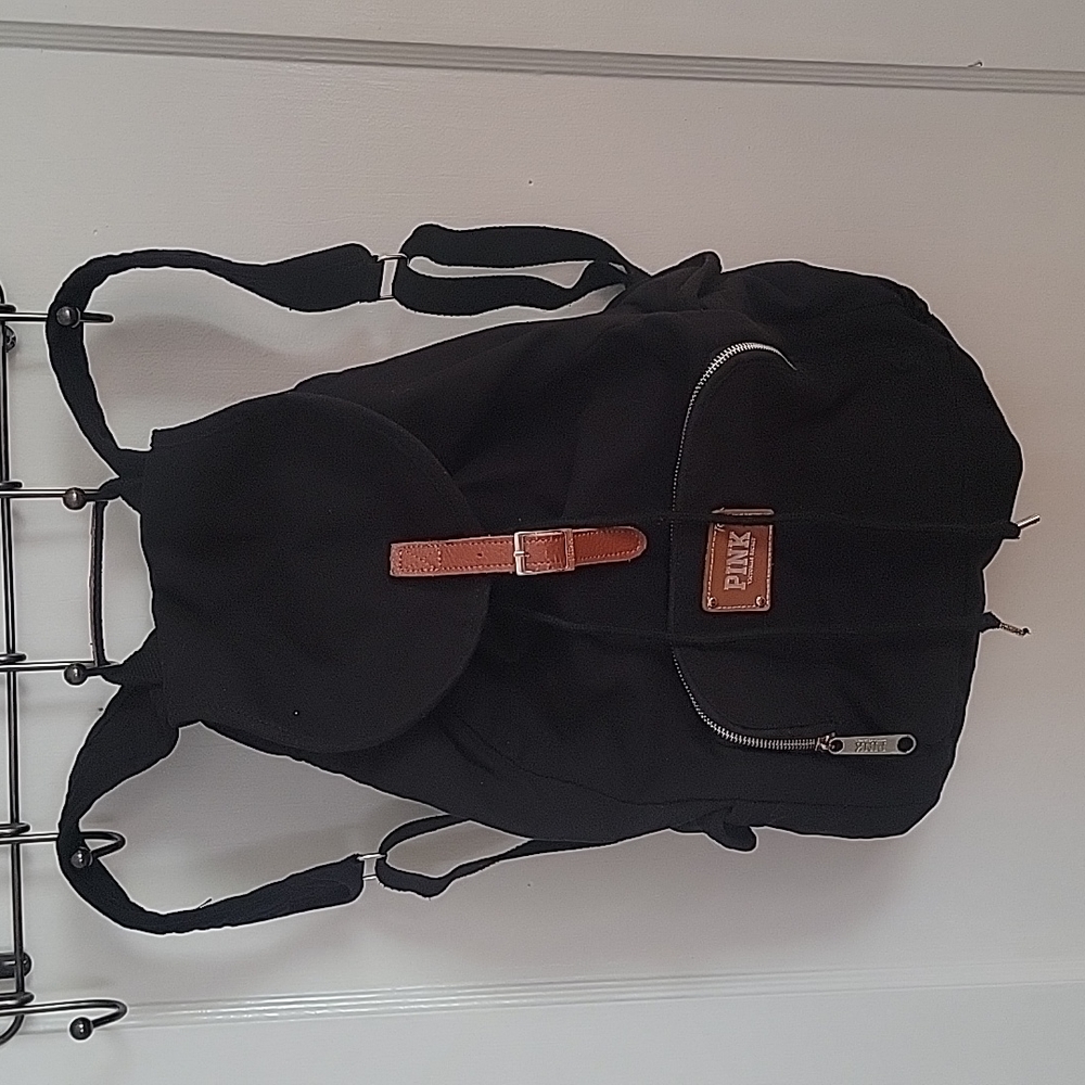 PINK by Victoria's Secret Black Canvas Drawsting Backpack Full Size